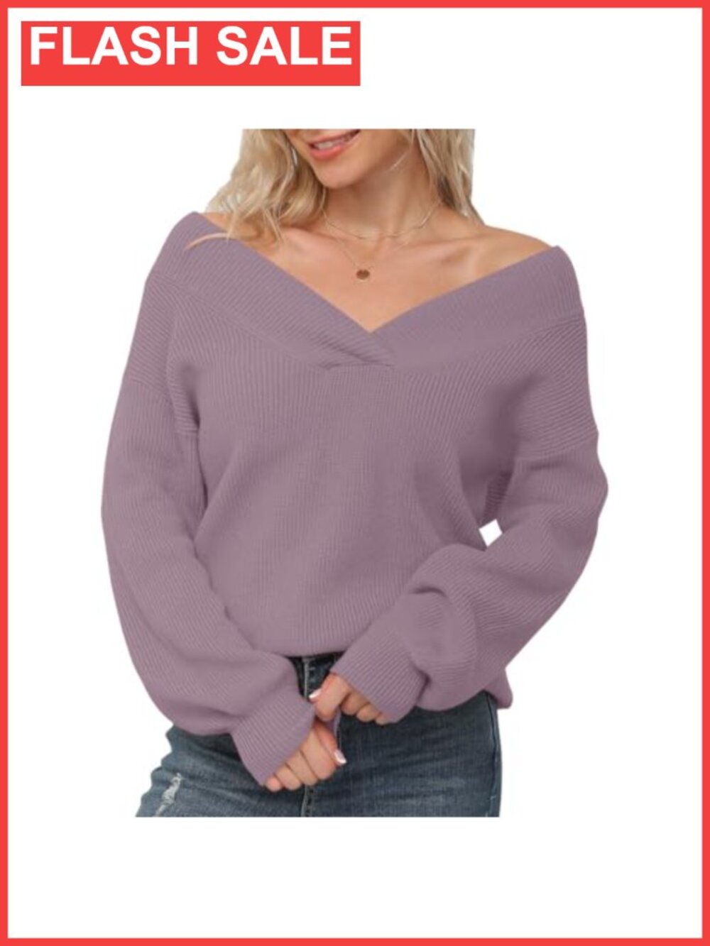 Off Shoulder V-Neck Pullover Sweater Long Sleeve Loose Knit Top